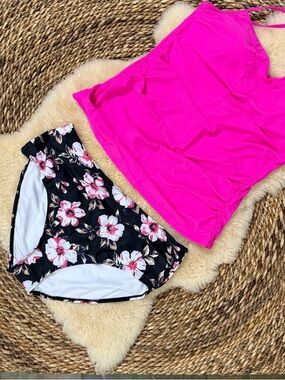 Hot Pink Tankini Top with Black Floral Swim Bottoms